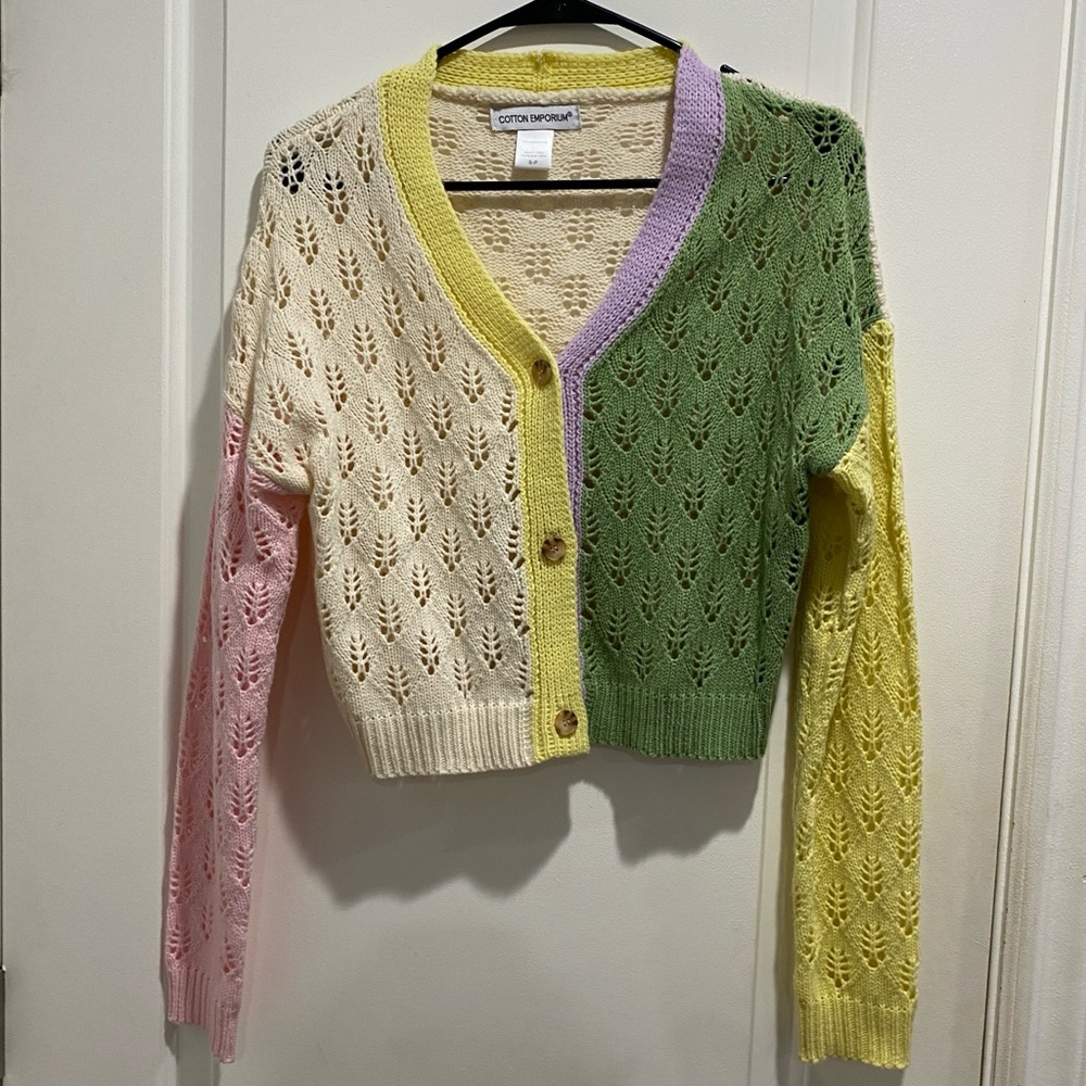 Cotton Emporium Crochet Colorblock Cardigan in Multi